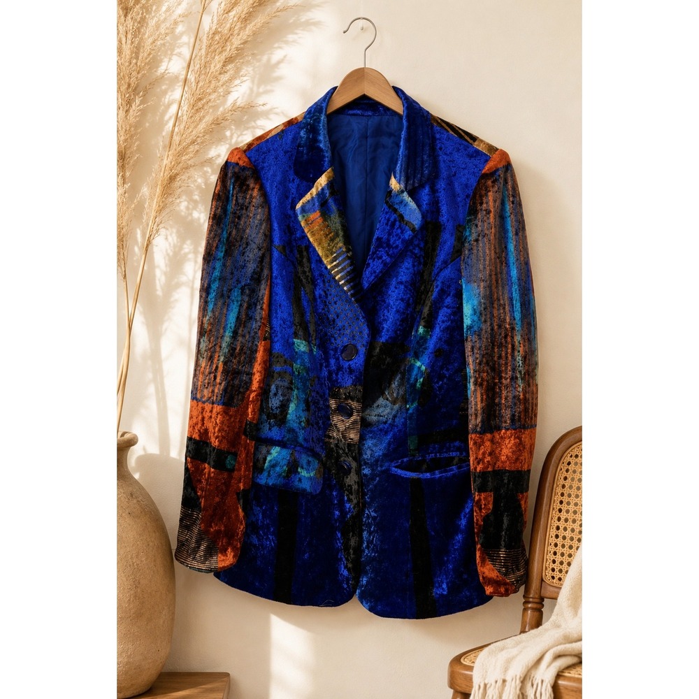 Vintage 90s Abstract Crushed Velvet Double Breasted Blazer Blue Medium